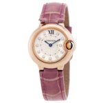Cartier Ballon Bleu Silver Diamond Dial 18kt Rose Gold Purple Leather Ladies Watch